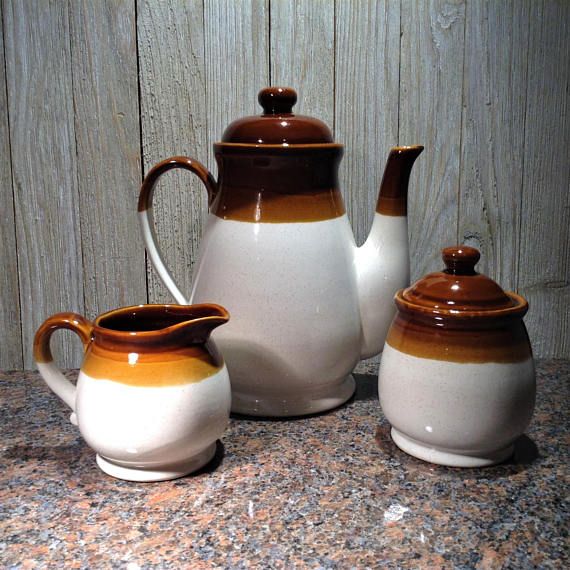 white porcelain farmhouse dining Vintage coffee pot rustic kitchen farmhouse kitchen brown coffee pot made in Germany vintage