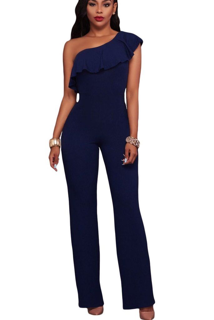 Navy Blue One Shoulder Ruffle Formal Evening Jumpsuit | Jumpsuits for ...