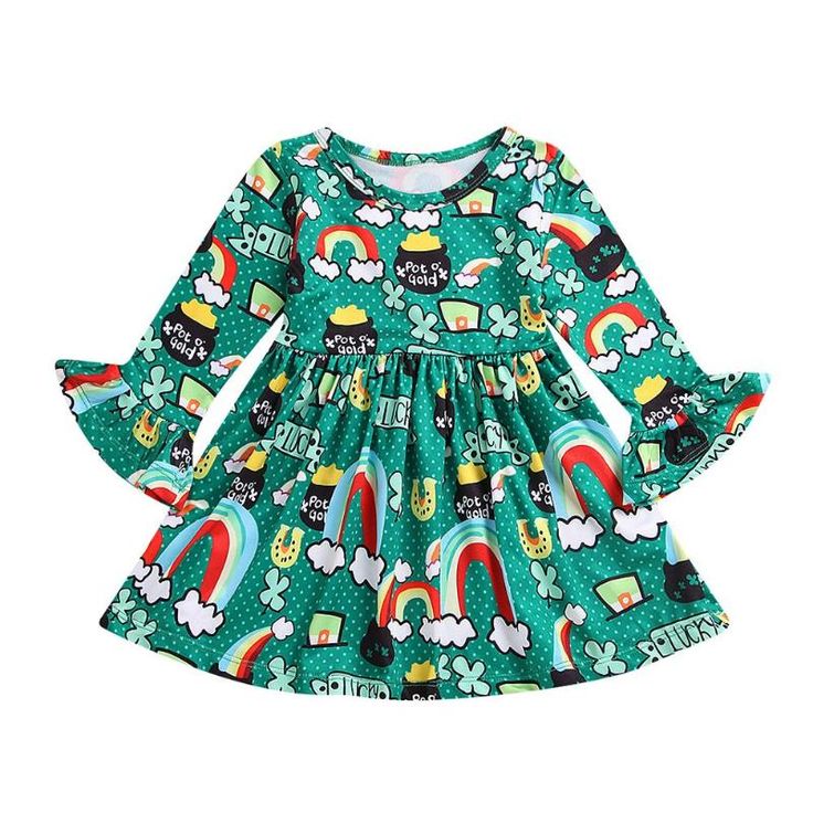 Sweet Kids Baby Girls Dress Flare Sleeve Cartoon Rainbow Dress Cute Spring Autum...