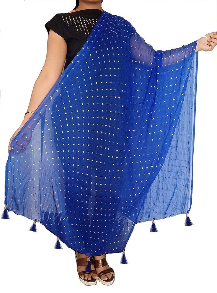 Blue Indian Dupatta long silk scarf Punjabi dress dupattas for festival