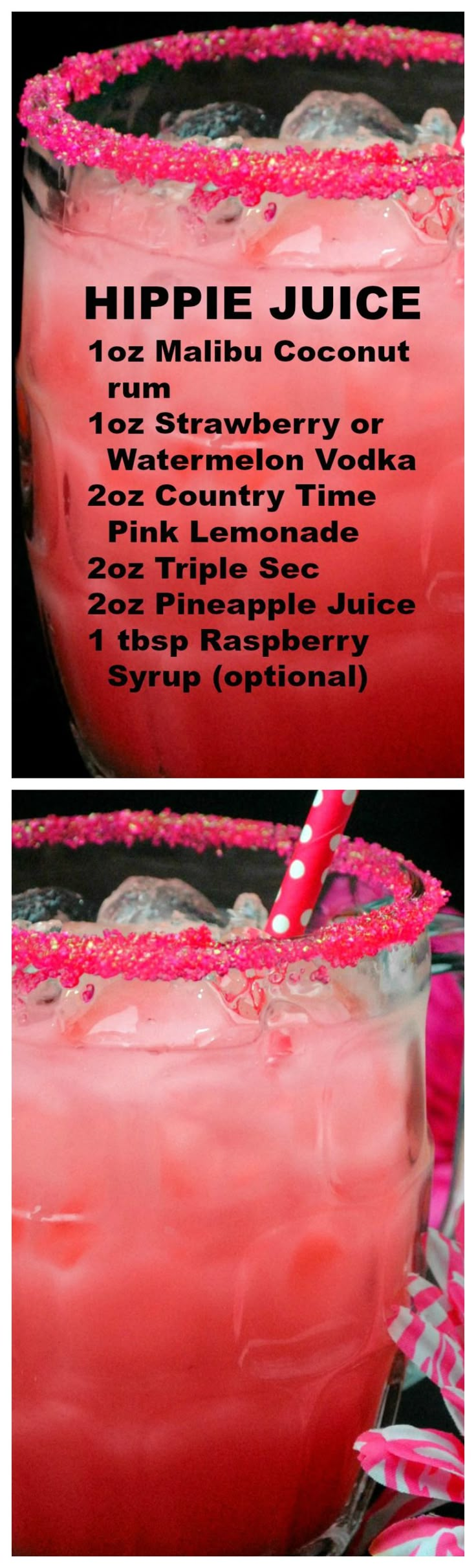 the recipe for this pink drink is shown in two different pictures