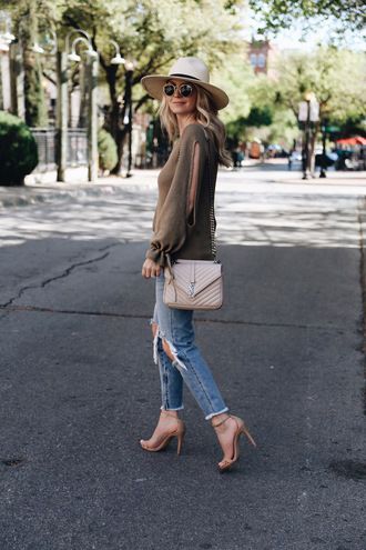 Spring Time Street Style Outfit Retro Rayban Shades Ripped Blue Jeans Khaki Bell Sleeved Shirt Spring Time Street Style Outfit Retro Rayban Shades Ripped Blue Jeans Khaki Bell Sleeved Shirt