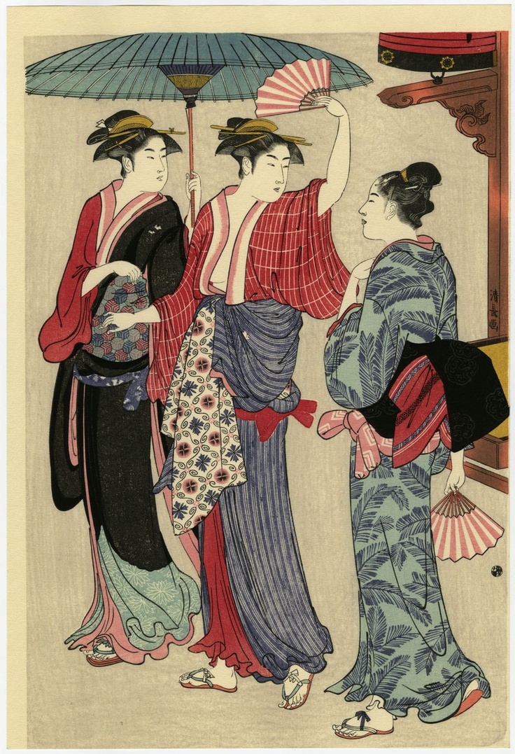 KIYONAGA Japanese Parasol With Fans And Three Women Chatting KIYONAGA Japanese Parasol With Fans And Three Women Chatting