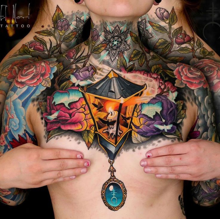 Cats And Crystals Neotraditional Chest Tattoo Tattoos Cool Tattoos Chest Tattoo