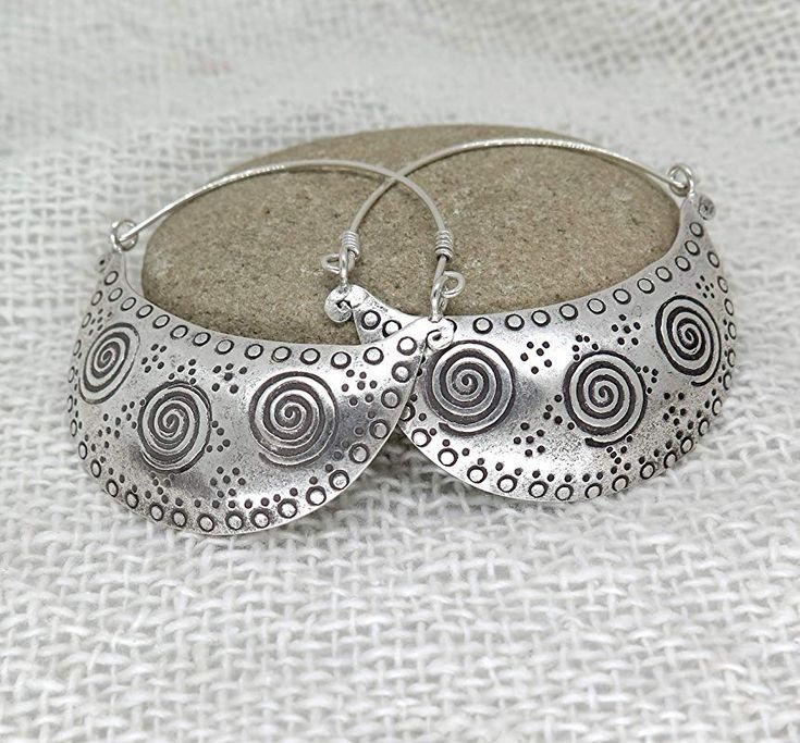 Sterling Silver Large Statement Crescent Moon Boho Handmade Hoop Woman Earrings with Spirals Ethnic Engraving
