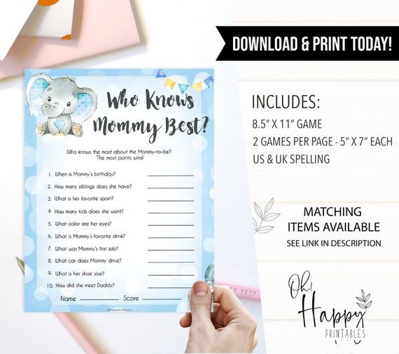Instant Download eb11 Baby Shower Elephant Blue Printable Who Knows Mommy Best and Baby Shower Memory Game with Elephant Blue and Gray