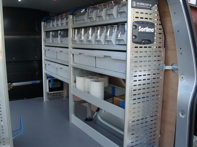 Vw T5 Swb Offside And Nearside Sortimo Racking System With Upgraded Floor Van Systems Sportsmobile Van Racking Systems