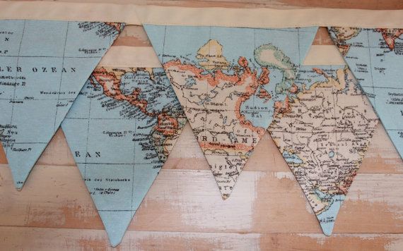 bunting map of the world travellers light blue grey decoration