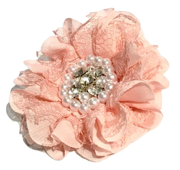 White 3.5" lace chiffon ruffle flower w/ rhinestone & pearl center White 3.5" lace chiffon ruffle flower w/ rhinestone & pearl center