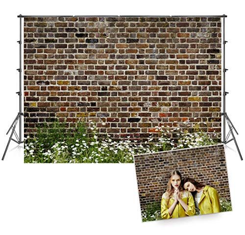 7x5 Ft Seamless Photo Backdrops Vintage Dark Brick Wall Photography Backdrop Grass White Flowers Background Free Brick Wall Backdrop Photo Backdrop Brick Wall
