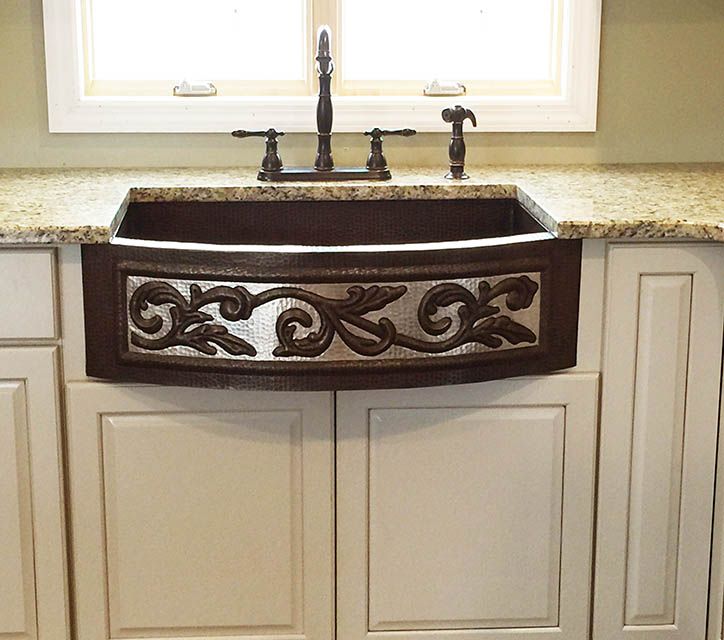 Our Rounded Front Two Tone Scroll Farmhouse Sink Plus A Charlestown Our Rounded Front Two Tone Scroll Farmhouse Sink Plus A Charlestown Hi Rise Kitchen Faucet W Sprayer Thanks To Andrea R For This Great Photo Of