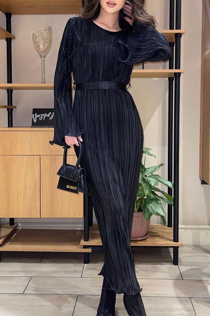 Elegant Solid Pocket Fold O Neck A Line Dresses Elegant Solid Pocket Fold O Neck A Line Dresses
