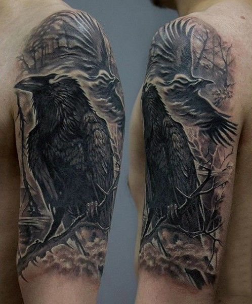 Stunning Back Raven On Twig Tattoo Guys Upper Arms Stunning Back Raven On Twig Tattoo Guys Upper Arms