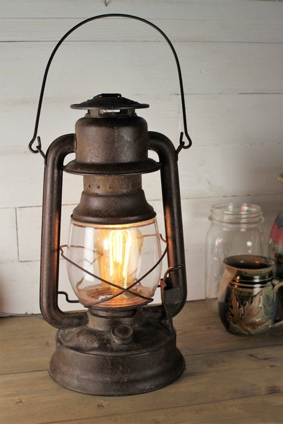 Electric Vintage Lantern Desk Lamp For Bedside Table Farmhouse Light With Rust Patina Authentic Rustic Living Room Primitive Decor Lanterns Lamps Electric Vintage Lantern Desk Lamp For, Lantern Table Lamps Electric