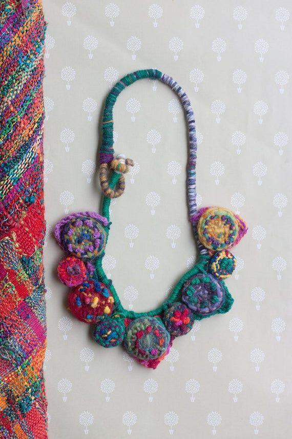 Flower crochet necklace colorful statement jewelry with bamboo beads OOAK