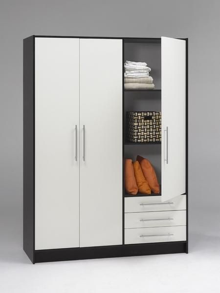 a white and black wardrobe with drawers