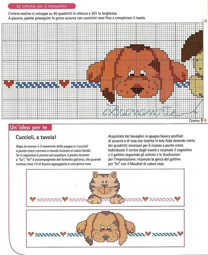 a cross stitch pattern with a dog and cat on it