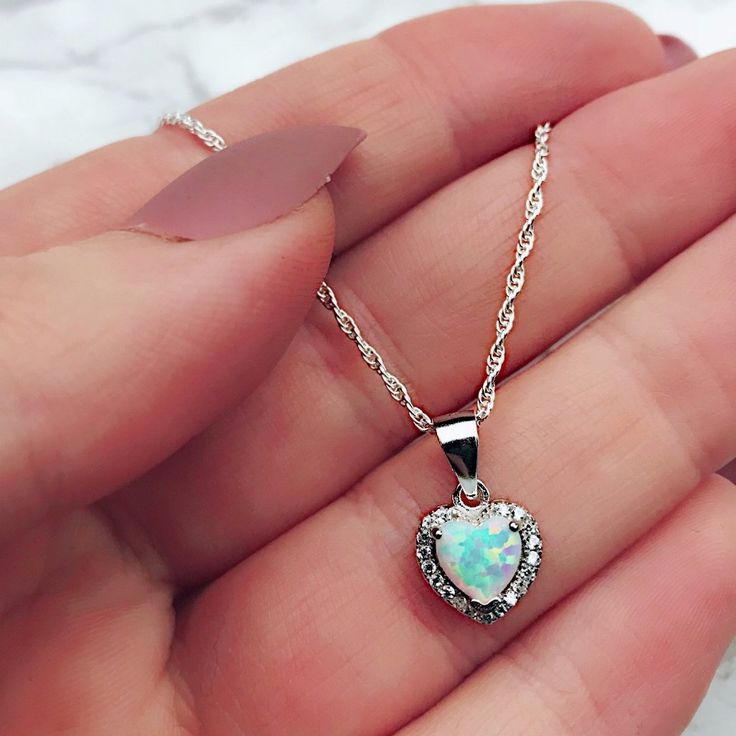 Sterling Silver Opal Heart Necklace | Necklace, Sterling silver heart