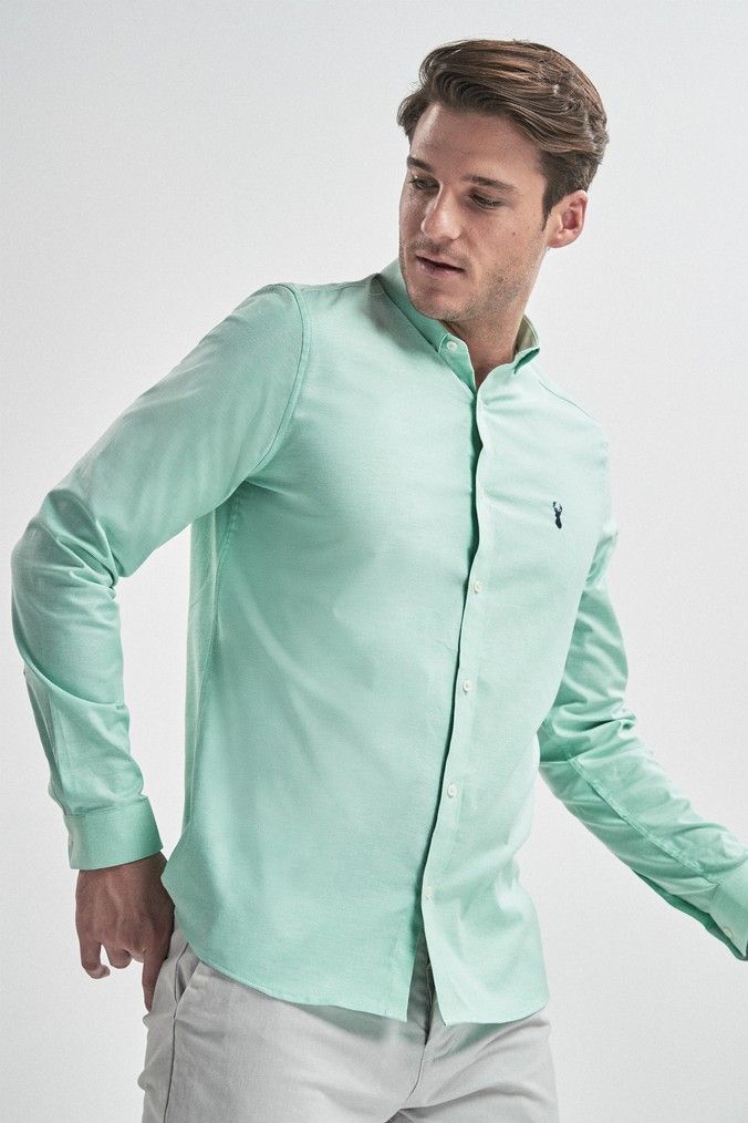 Mint Slim Fit Long Sleeve Stretch Oxford Shirt Blue White Mint Slim Fit Long Sleeve Stretch