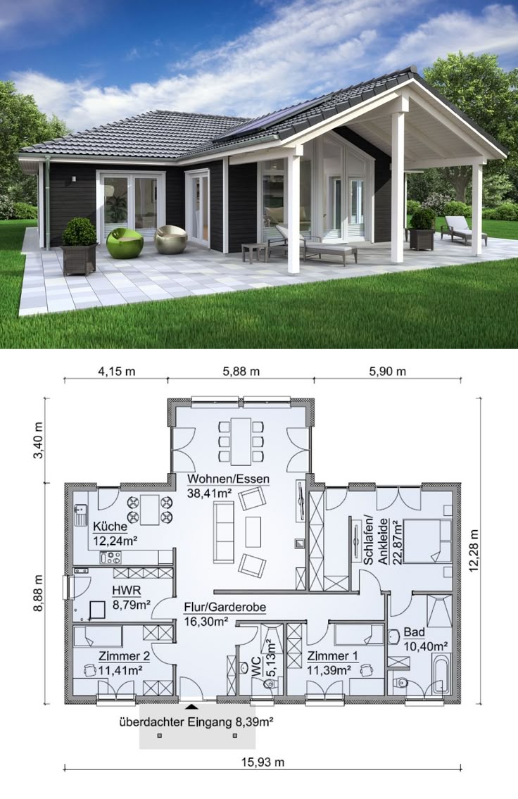 Winkelbungalow im Landhausstil skandinavisch mit Holz Fassade & 4 Zimmer Grundri...