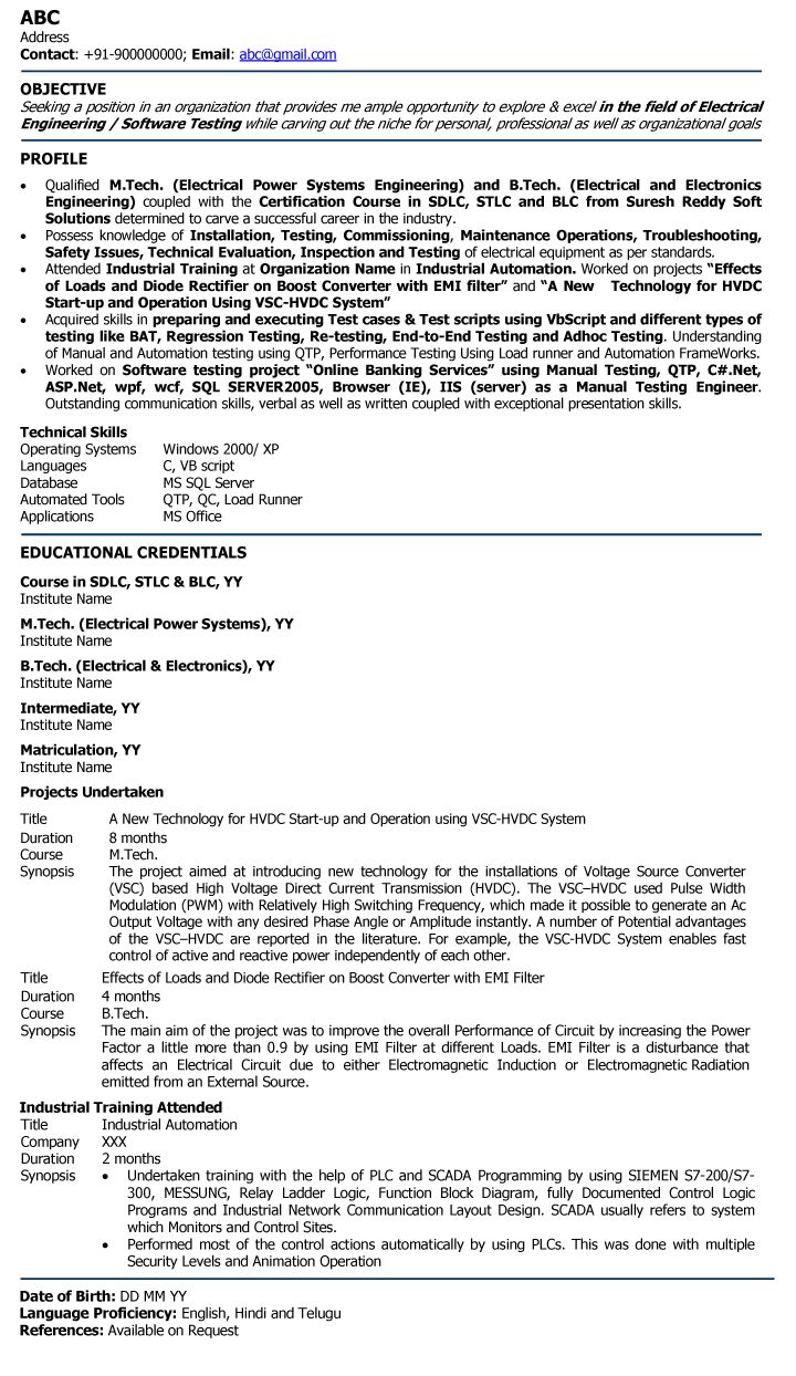 Fresher Electrical Engineering Professional resume