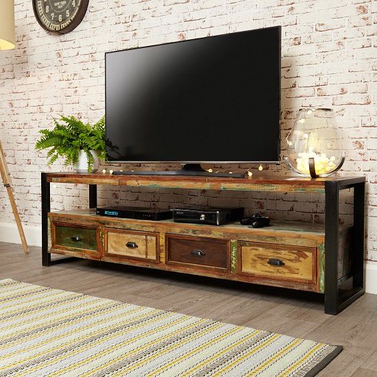 London urban chic wooden large TV stand with 4 drawers and open compartments - 2...