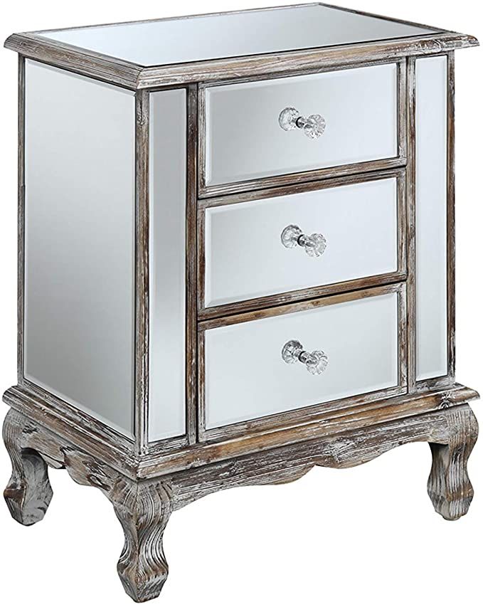 Com Convenience Concepts Gold Coast Vineyard 3 Drawer Mirrored End Table Weathered White Mirror Ki Furniture Tables Mirrored End Table Furniture, Mirrored Furniture Gold Coast