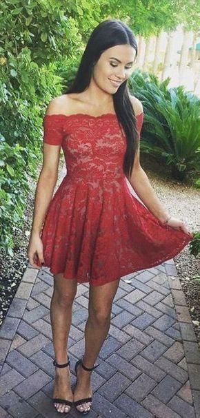 a line off the shoulder short red lace homecoming dress by hiprom