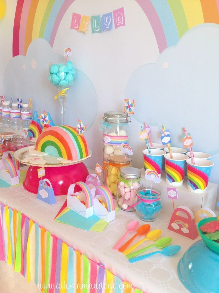 La Sweet Table Deco D Anniversaire Arc En Ciel Les Photos Allo Maman Dodo Decoration Anniversaire Deco Danniversaire Anniversaire Enfant