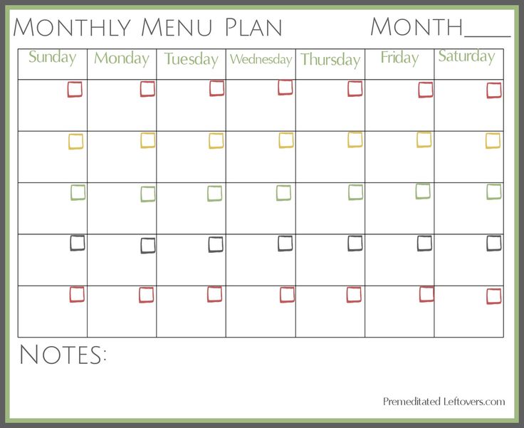 monthly menu calendar template