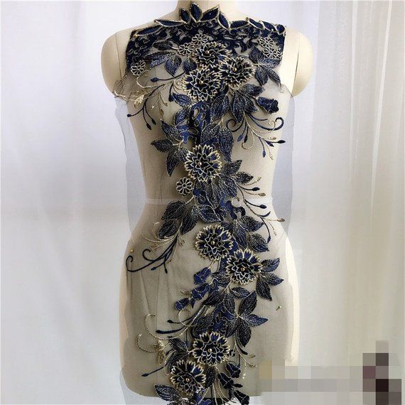 Navy Blue 3D Floral Pearl Beaded Bridal Gown Lace Applique Embroidery Patches Navy Blue 3D Floral Pearl Beaded Bridal Gown Lace Applique Embroidery Patches