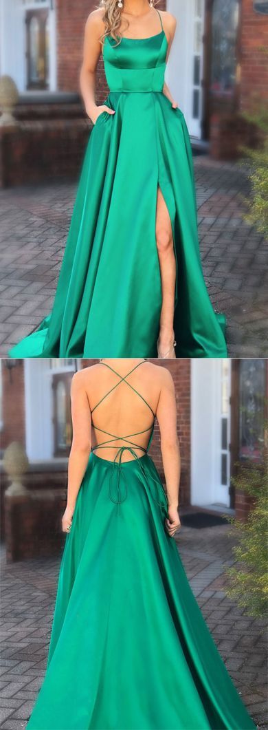 Green Long Prom Dresses with Pocket Long Backless Slit Formal Ball Gowns Evening Dress, M266,...