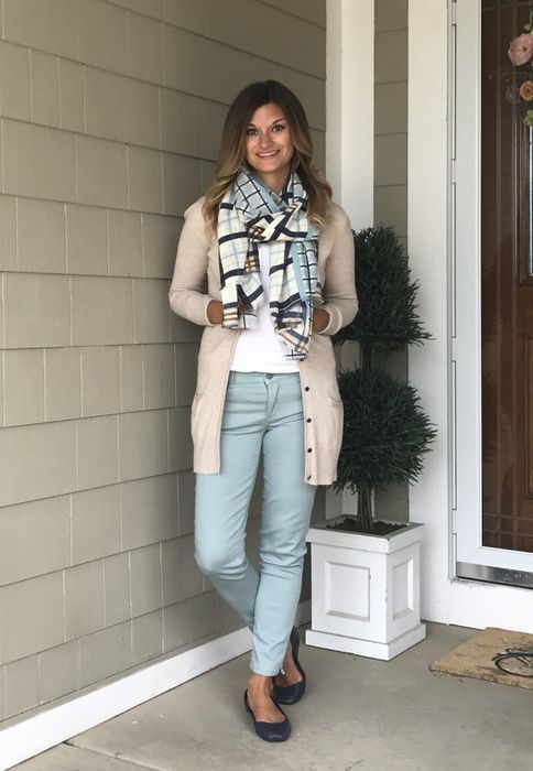 Teacher fall outfit! Ready for school! Cardigan, blue pants, plaid scarf! #justp… Teacher fall outfit! Ready for school! Cardigan, blue pants, plaid scarf! #justp…