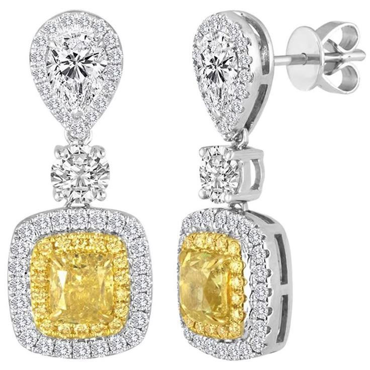 Natural Yellow Diamond Double Halo Two Color Gold Drop Dangle Fashion