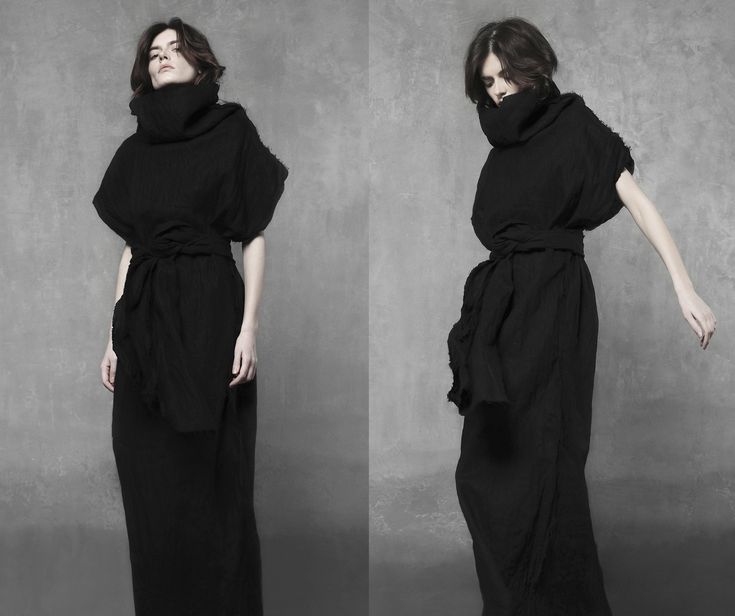 Witchy style black kaftan Boho turtleneck linen dress with raw edges Witchy style black kaftan Boho turtleneck linen dress with raw edges
