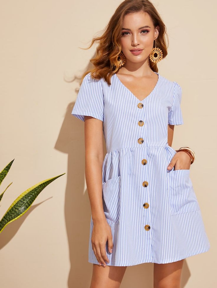 Vertical Striped Button Through Dress SHEIN Vestidos
