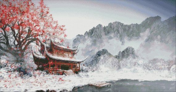 Winter snow cross stitch Landscape painting cross stitch ED