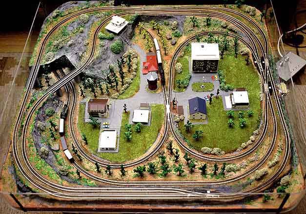 an aerial view of a model train set