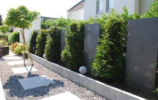 Sichtschutz als Gartengestaltung mit Blaustein-Stelen und Eiben in