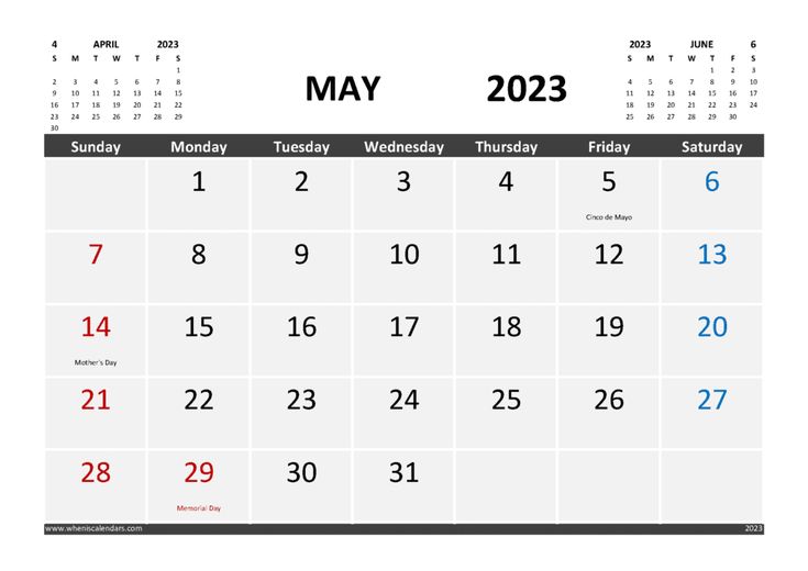 A calendar for may and may with the holidays in blue red and white colors