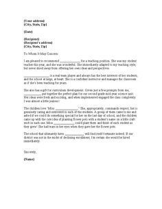 sample letter of recommendation for teaching position