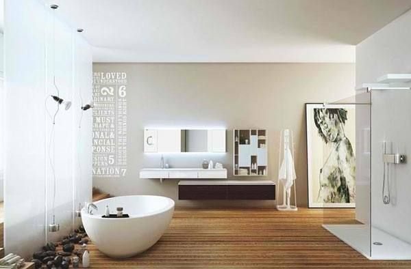 Modernes Badezimmer Mit Holz Und Beton Badezimmer Wohnen Bathroom Badewanne Dusche Waschbecken Mod Modernes Badezimmer Holzfliesen Badezimmer Badezimmer