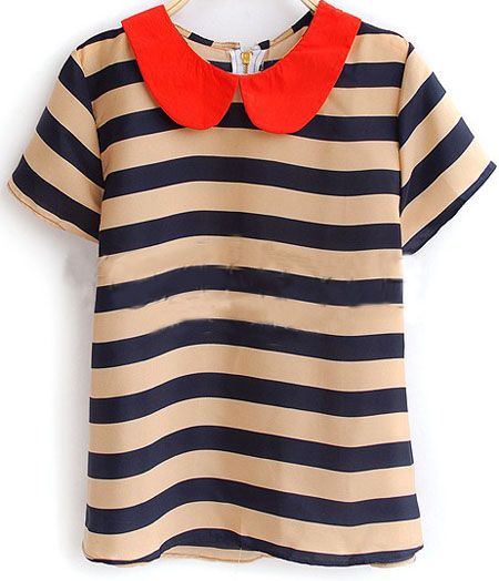 Navy Beige Stripe Peter Pan Collar Short Sleeve Zip Back Blouse