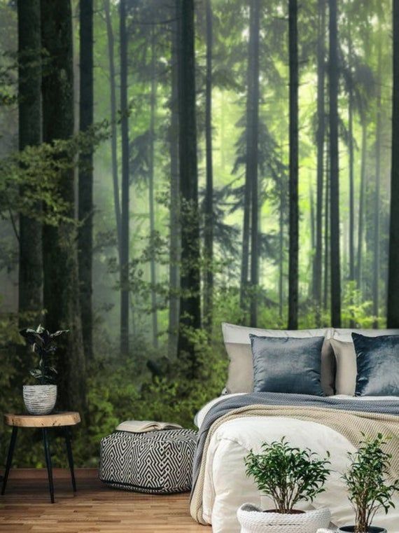 Dark Green Misty Forest Wall Mural Wallpaper Peel And Stick Etsy Forest Wall Mural Forest Wallpaper Forest Mural