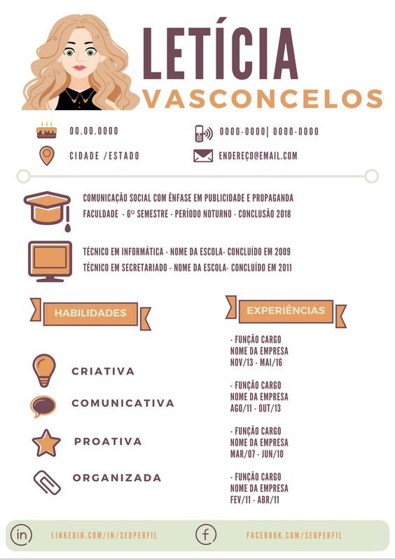1.Esse é um bom modelo para quem tá começando a experiência profissional e já quer se destacar! Os detalhes dos ícones e títulos em faixas fazem toda a diferença no currículo, que é todo moderno e jovial. #Curriculos #CurriculosCriativos #Criatividade #Creative #TudoMarketing #TudoMkt