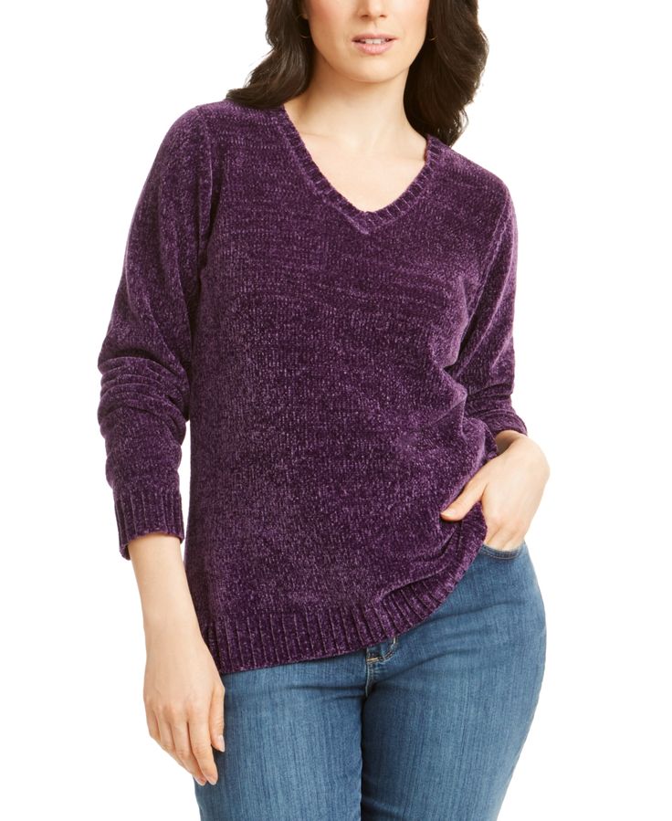 Karen Scott V-Neck Chenille Sweater, Created for Macy's - Purple Dynasty