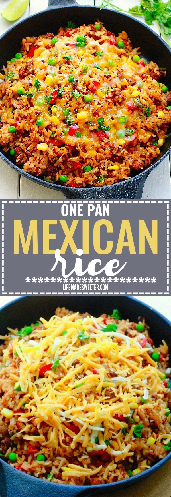 One Pan Mexican Rice Skillet makes the perfect easy 30 minute weeknight meal! Best of all, so simple to customize and everything cooks all in ONE pot - even the rice! Leftovers would be so delicious for school lunchboxes or work lunch bowls and you can even use this recipe for Sunday meal prep!