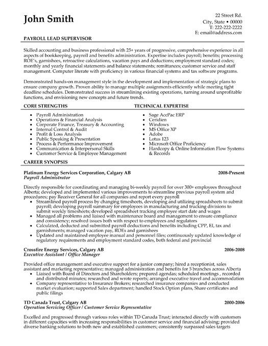 Click Here to Download this Payroll Lead Supervisor Resume Template! http://www.resumetemplates101.com/Management-resume-templates/Template-66/