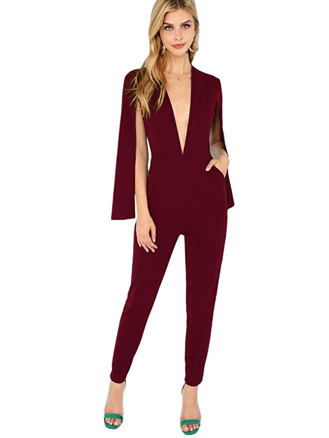 ROMWE Womens V-Neck Solid Cape High Waist Long Pants Jumpsuit