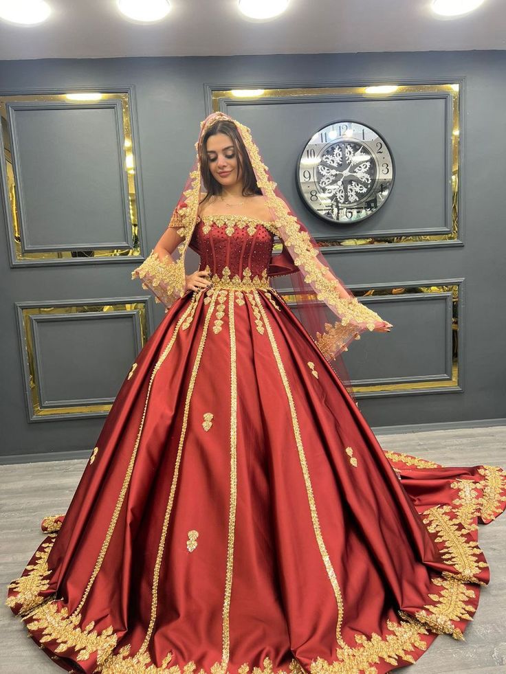 Crimson Empress Evening Gown Royal Red Satin with Exquisite Golden Detailing 2 Wine Red